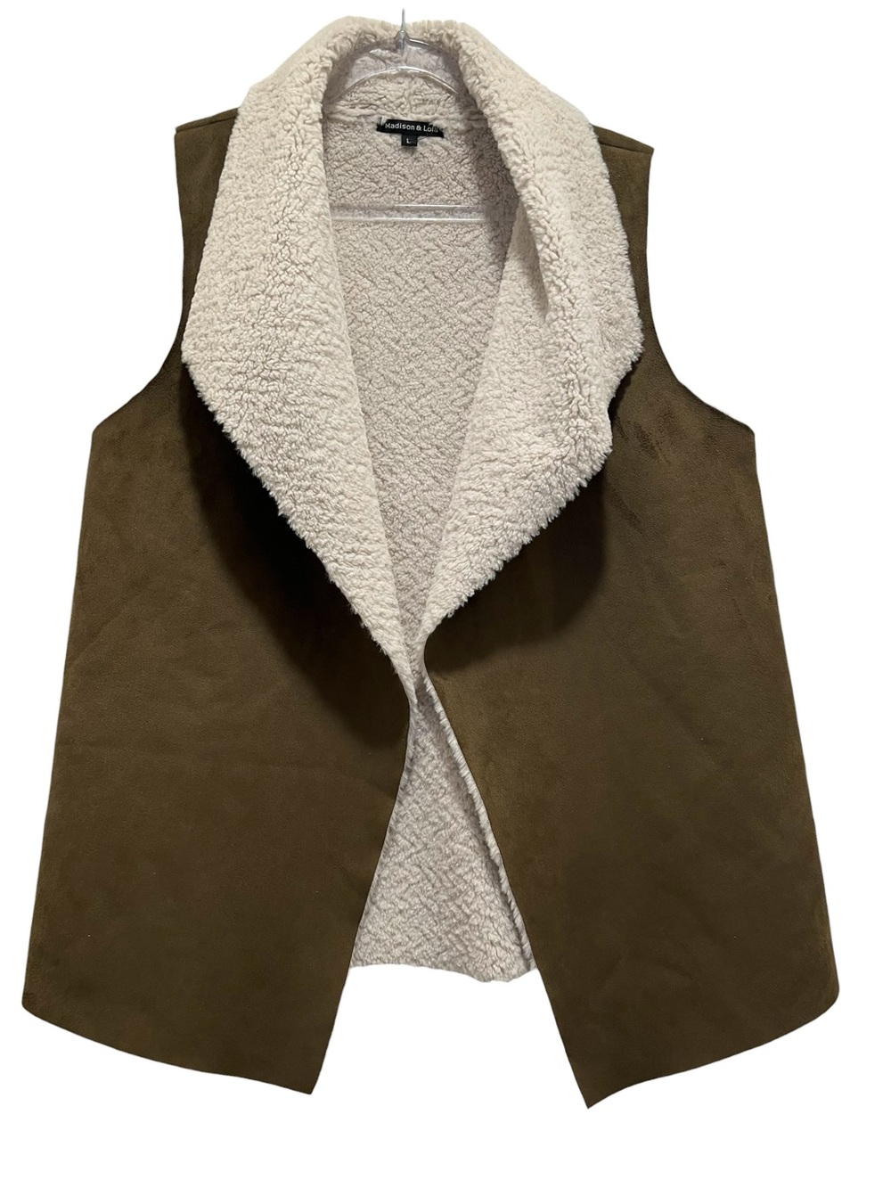 Cozy Fall Cream Sherpa Lined Faux Suede Open Vest Green Brown Boho Western Sz L